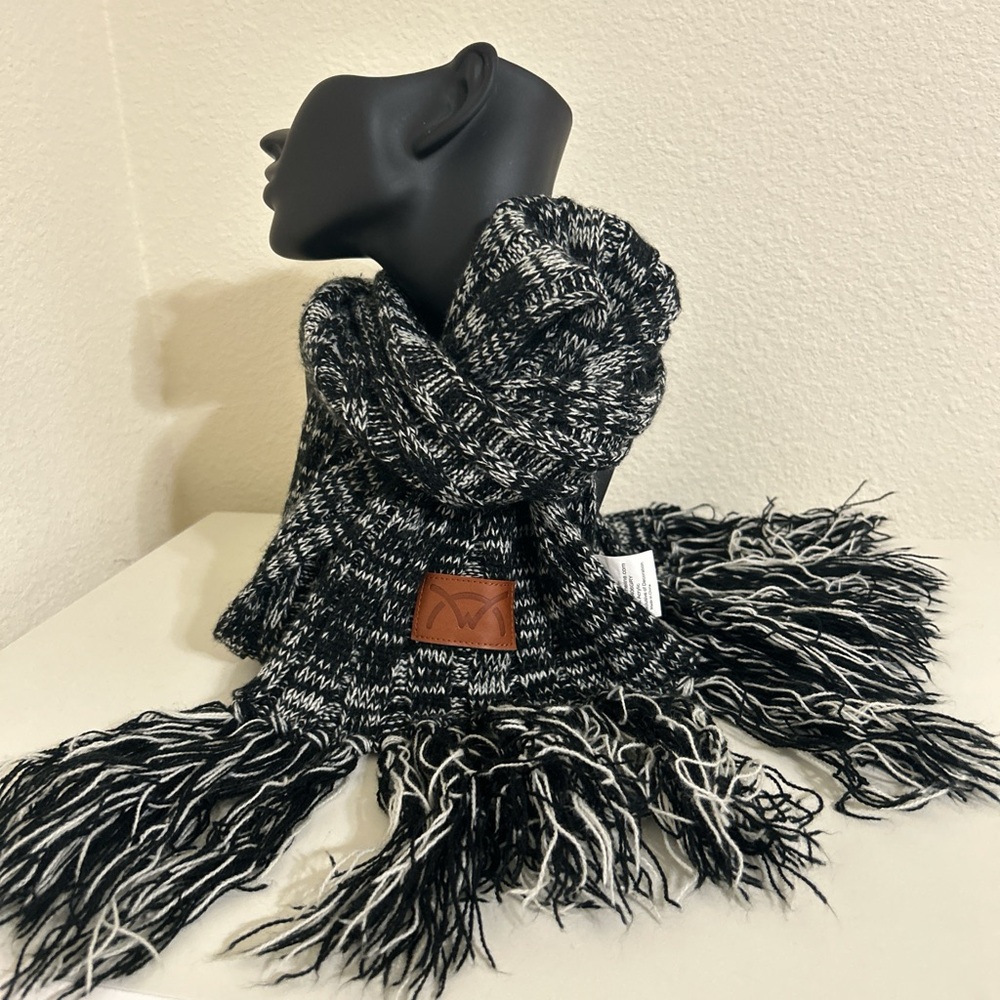 Leeman New York Marled Knit Scarf with Faux Leather Patch & Fringe